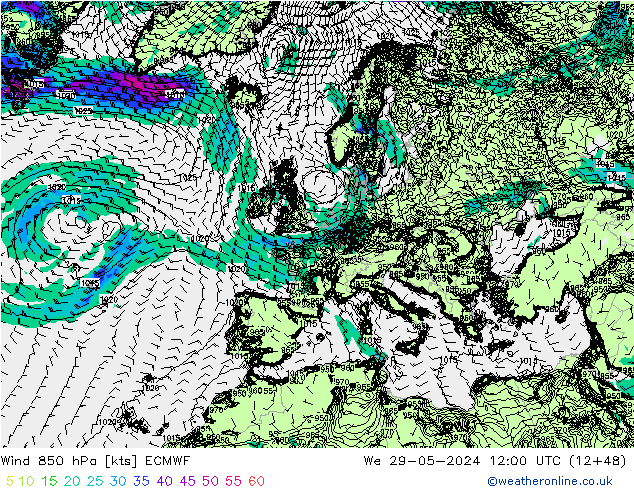 Viento 850 hPa ECMWF mié 29.05.2024 12 UTC