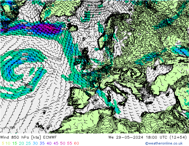 Wind 850 hPa ECMWF Mi 29.05.2024 18 UTC