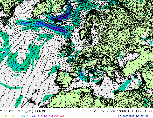 Wind 850 hPa ECMWF Fr 31.05.2024 18 UTC