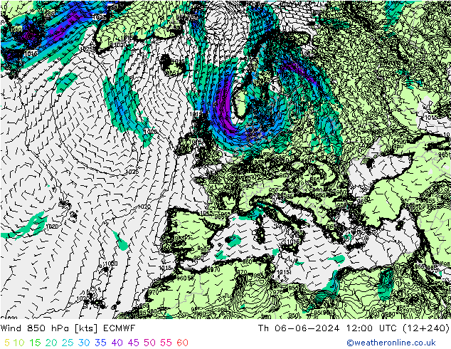 Wind 850 hPa ECMWF Čt 06.06.2024 12 UTC