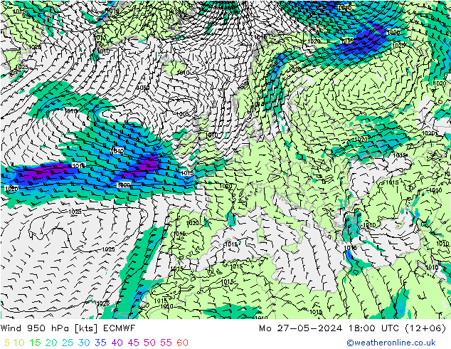 Rüzgar 950 hPa ECMWF Pzt 27.05.2024 18 UTC