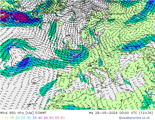 Vento 950 hPa ECMWF mer 29.05.2024 00 UTC