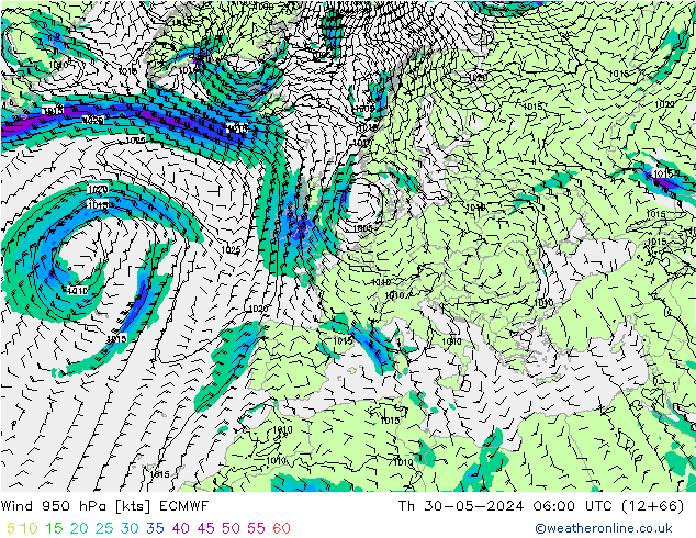 Vento 950 hPa ECMWF gio 30.05.2024 06 UTC