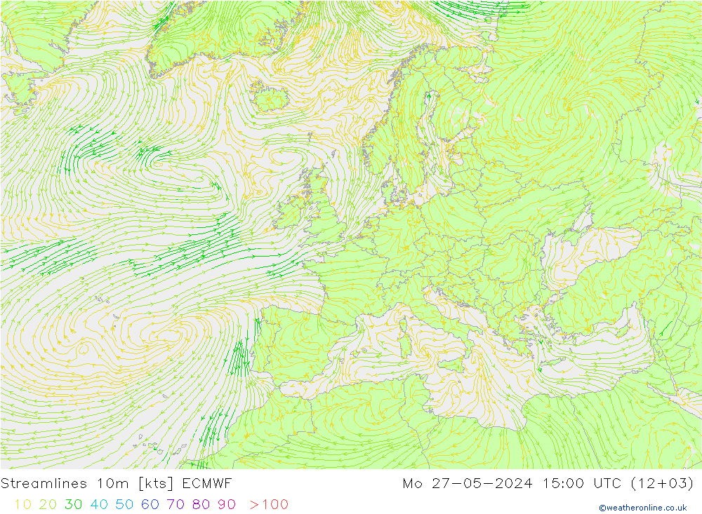 Streamlines 10m ECMWF Mo 27.05.2024 15 UTC