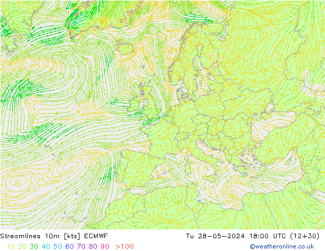 Stromlinien 10m ECMWF Di 28.05.2024 18 UTC