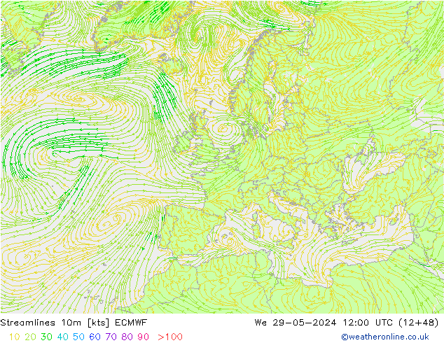 Streamlines 10m ECMWF We 29.05.2024 12 UTC