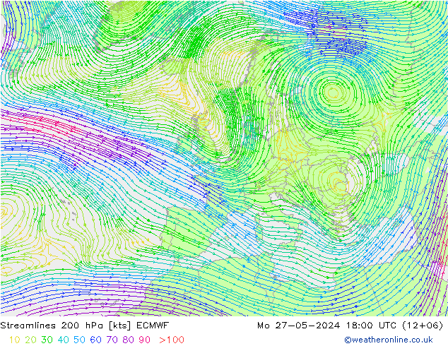 Linia prądu 200 hPa ECMWF pon. 27.05.2024 18 UTC