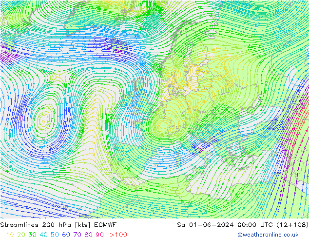 ветер 200 гПа ECMWF сб 01.06.2024 00 UTC