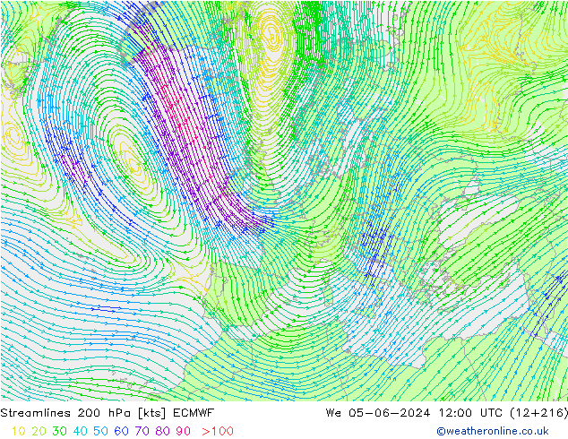 Linea di flusso 200 hPa ECMWF mer 05.06.2024 12 UTC