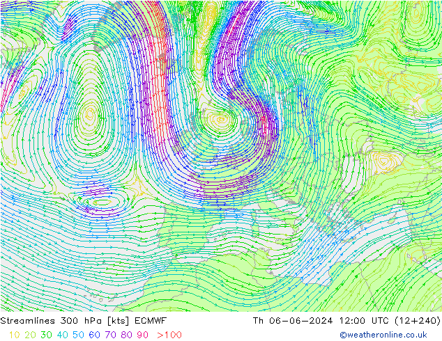 Stromlinien 300 hPa ECMWF Do 06.06.2024 12 UTC