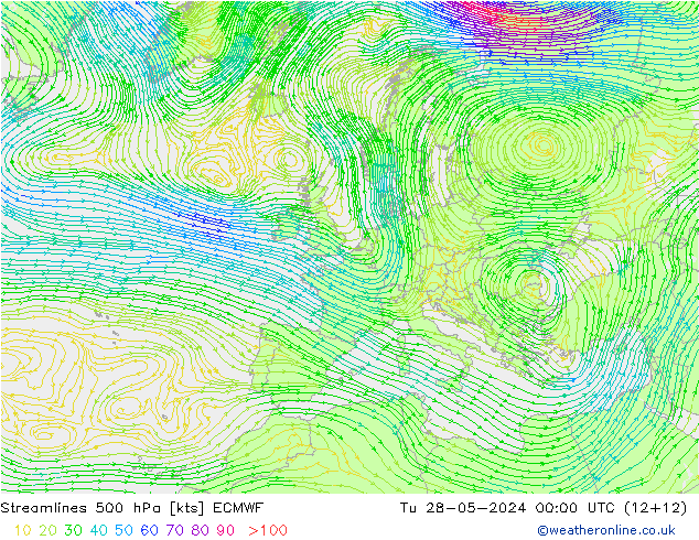 Streamlines 500 hPa ECMWF Tu 28.05.2024 00 UTC