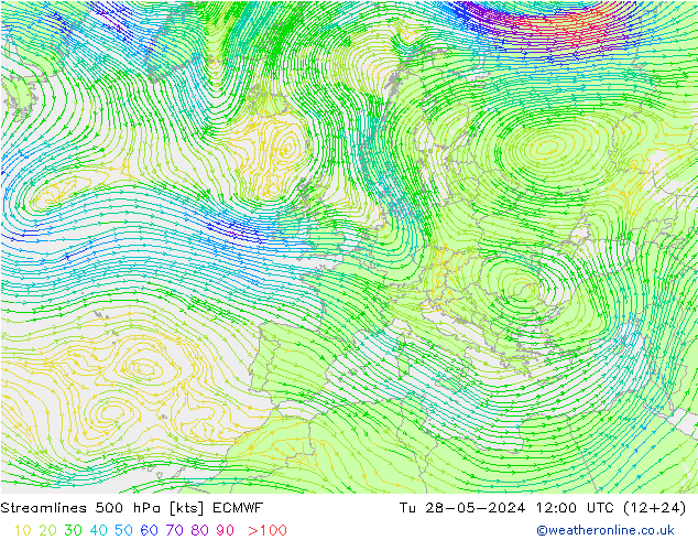 Linea di flusso 500 hPa ECMWF mar 28.05.2024 12 UTC