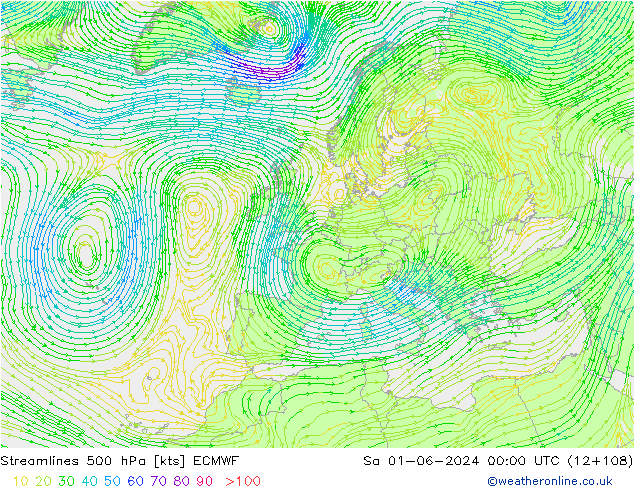 Streamlines 500 hPa ECMWF Sa 01.06.2024 00 UTC