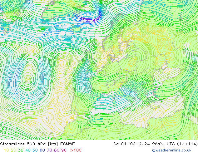 Streamlines 500 hPa ECMWF Sa 01.06.2024 06 UTC