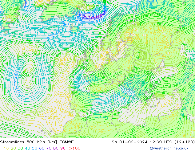 Stromlinien 500 hPa ECMWF Sa 01.06.2024 12 UTC