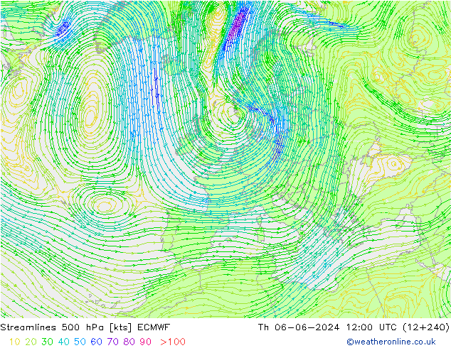 Linea di flusso 500 hPa ECMWF gio 06.06.2024 12 UTC