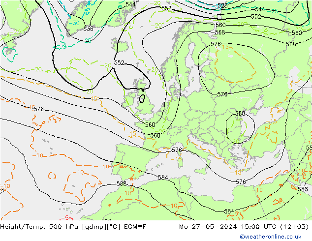 Height/Temp. 500 hPa ECMWF Mo 27.05.2024 15 UTC