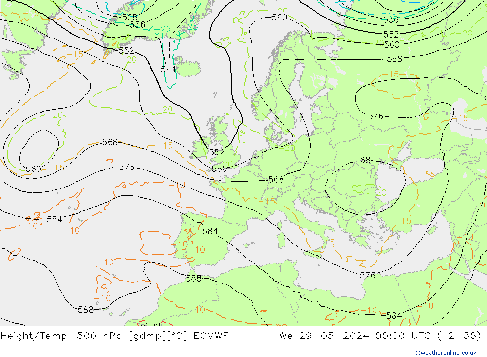 Hoogte/Temp. 500 hPa ECMWF wo 29.05.2024 00 UTC