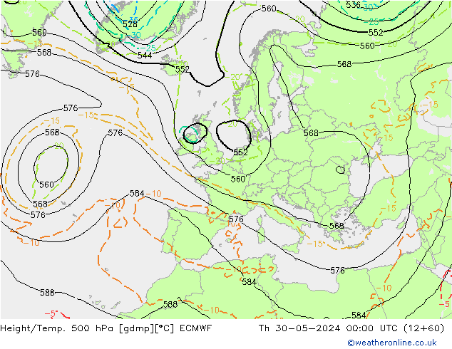 Z500/Rain (+SLP)/Z850 ECMWF Čt 30.05.2024 00 UTC