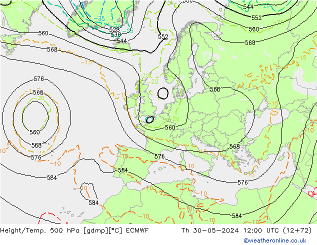 Z500/Rain (+SLP)/Z850 ECMWF чт 30.05.2024 12 UTC