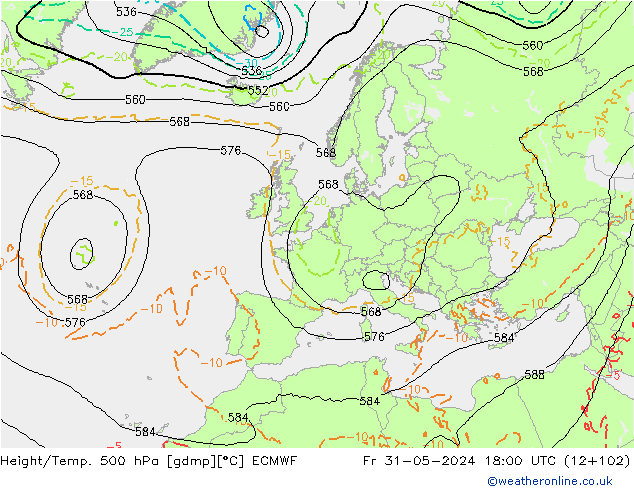 Z500/Rain (+SLP)/Z850 ECMWF Fr 31.05.2024 18 UTC