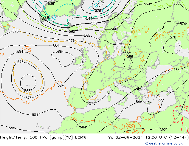 Z500/Rain (+SLP)/Z850 ECMWF So 02.06.2024 12 UTC