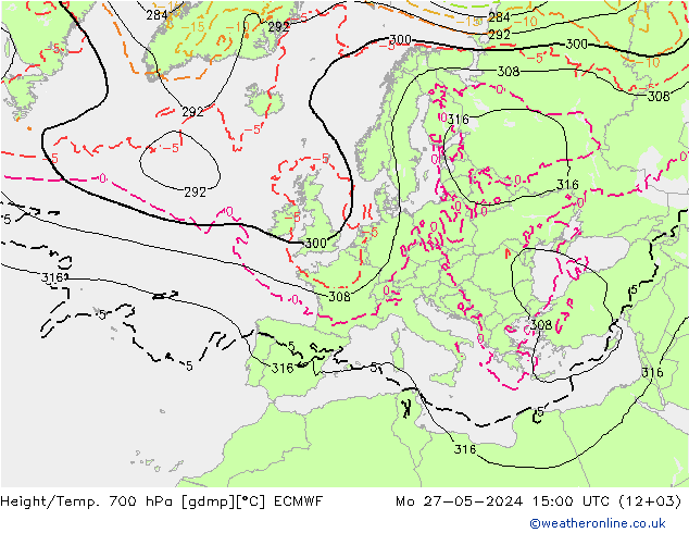 Geop./Temp. 700 hPa ECMWF lun 27.05.2024 15 UTC