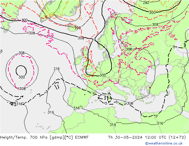 Height/Temp. 700 hPa ECMWF Do 30.05.2024 12 UTC