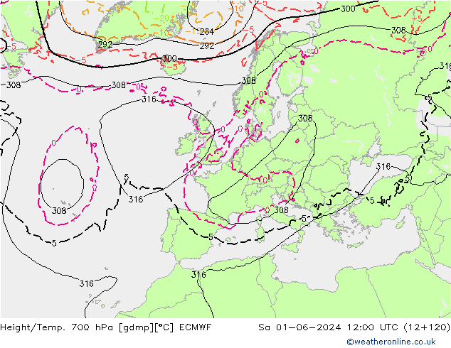 Height/Temp. 700 hPa ECMWF Sa 01.06.2024 12 UTC