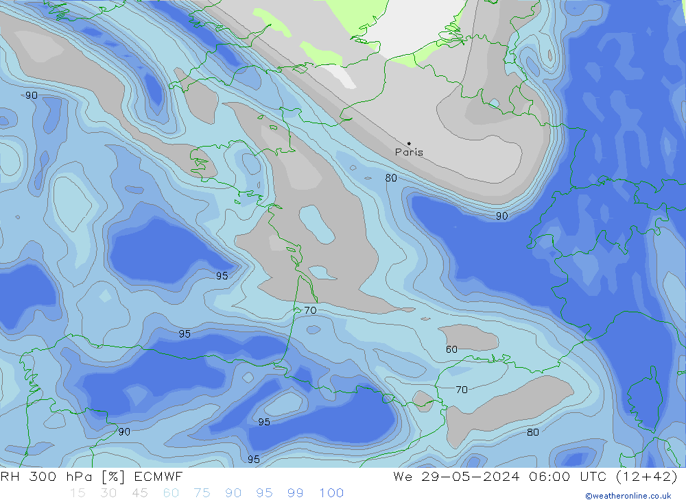 RH 300 hPa ECMWF śro. 29.05.2024 06 UTC