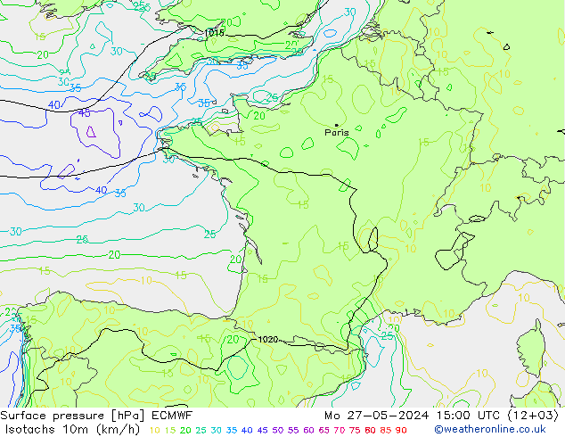 Isotachen (km/h) ECMWF ma 27.05.2024 15 UTC