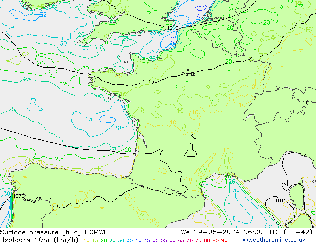 Isotachs (kph) ECMWF mer 29.05.2024 06 UTC