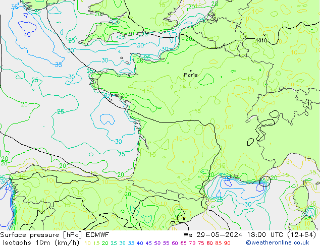 Isotachs (kph) ECMWF Qua 29.05.2024 18 UTC