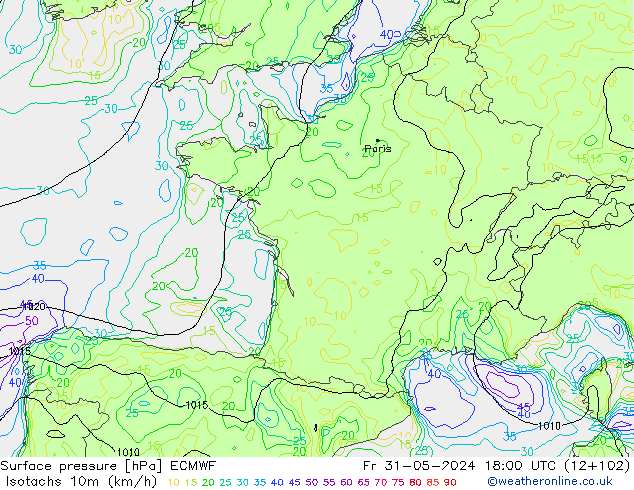 Isotachs (kph) ECMWF Pá 31.05.2024 18 UTC