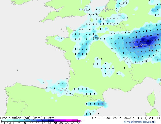 Precipitation (6h) ECMWF Sa 01.06.2024 06 UTC