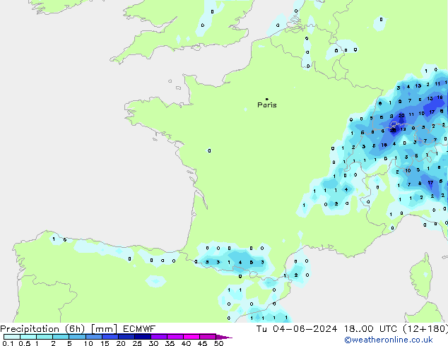 Totale neerslag (6h) ECMWF di 04.06.2024 00 UTC