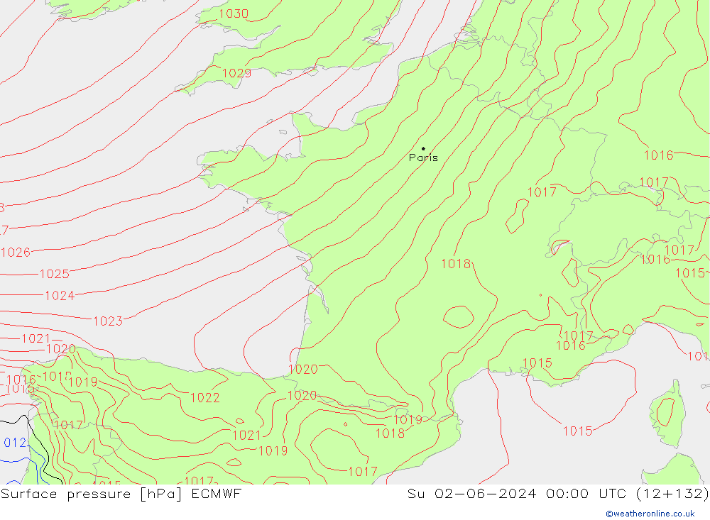 Pressione al suolo ECMWF dom 02.06.2024 00 UTC