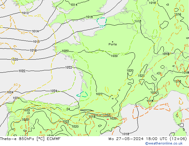 Theta-e 850гПа ECMWF пн 27.05.2024 18 UTC