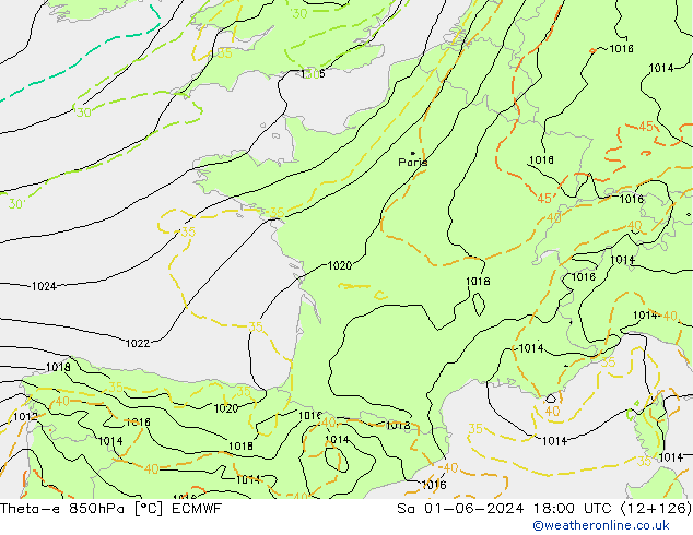 Theta-e 850hPa ECMWF Sáb 01.06.2024 18 UTC