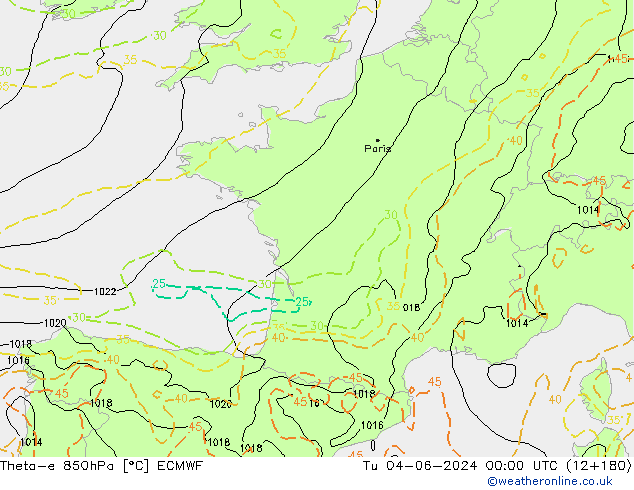 Theta-e 850hPa ECMWF Sa 04.06.2024 00 UTC