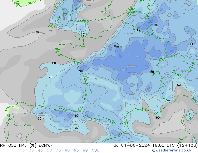 RH 850 hPa ECMWF sab 01.06.2024 18 UTC