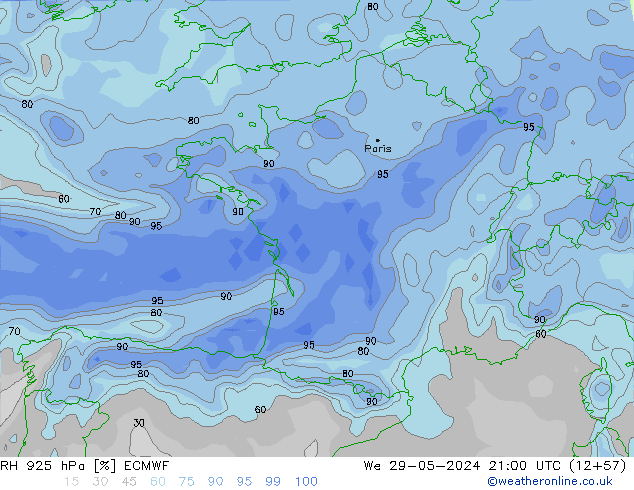 RH 925 hPa ECMWF We 29.05.2024 21 UTC