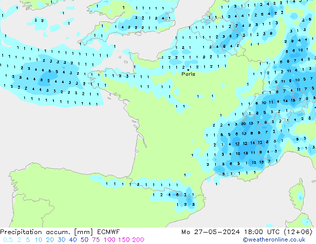 Precipitation accum. ECMWF Seg 27.05.2024 18 UTC