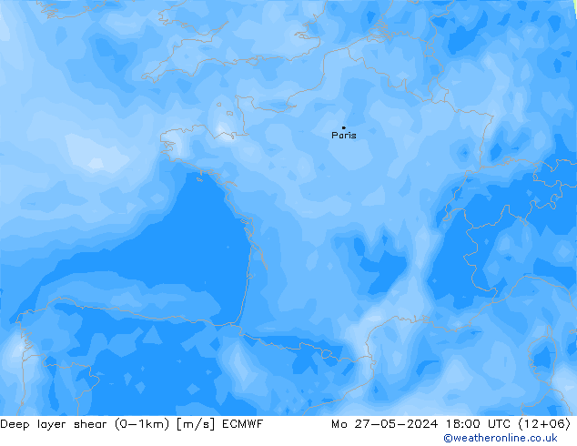 Deep layer shear (0-1km) ECMWF Mo 27.05.2024 18 UTC