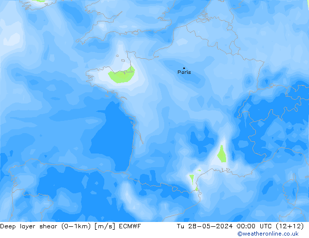 Deep layer shear (0-1km) ECMWF Di 28.05.2024 00 UTC