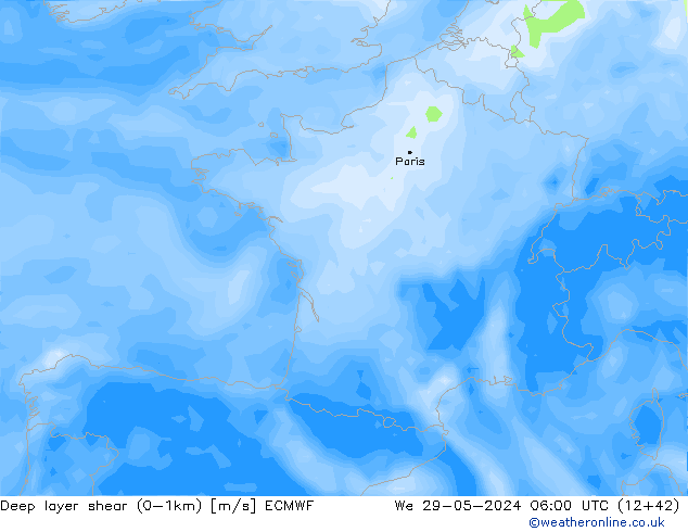 Deep layer shear (0-1km) ECMWF We 29.05.2024 06 UTC