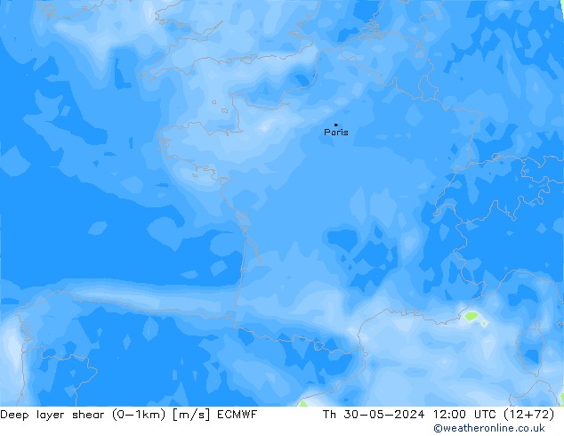 Deep layer shear (0-1km) ECMWF do 30.05.2024 12 UTC