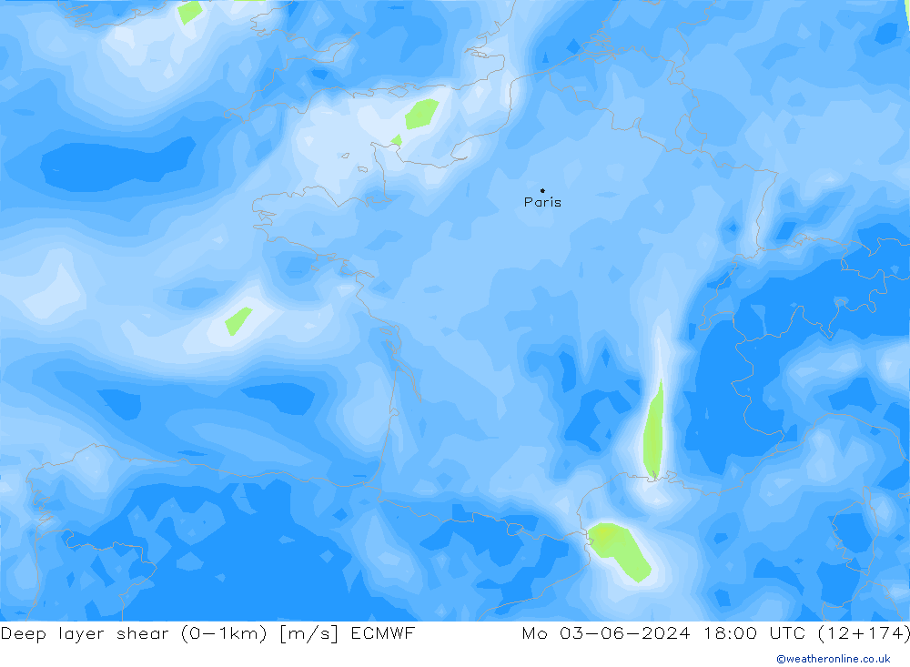 Deep layer shear (0-1km) ECMWF Seg 03.06.2024 18 UTC