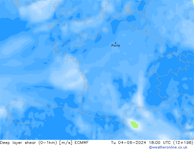 Deep layer shear (0-1km) ECMWF  04.06.2024 18 UTC