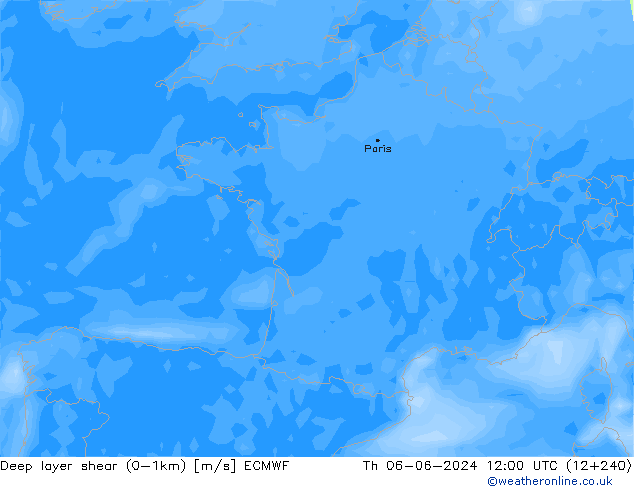 Deep layer shear (0-1km) ECMWF jue 06.06.2024 12 UTC